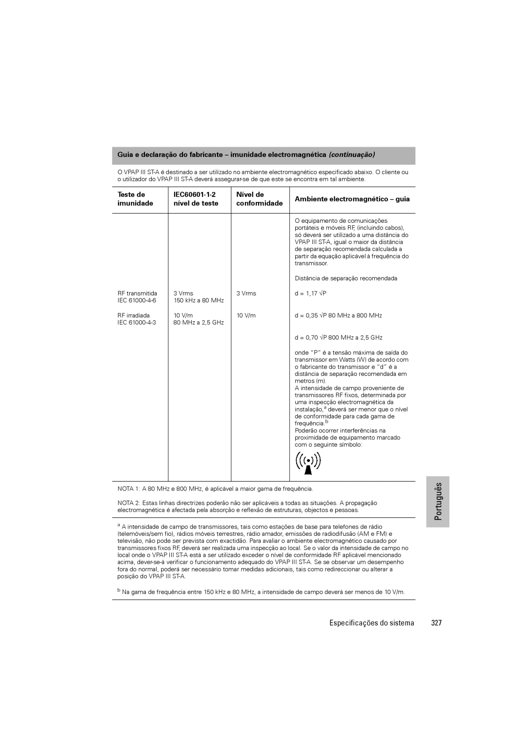 ResMed VPAP III ST-A user manual 327, Teste de IEC60601-1-2 Nível de, Imunidade Nível de teste Conformidade 