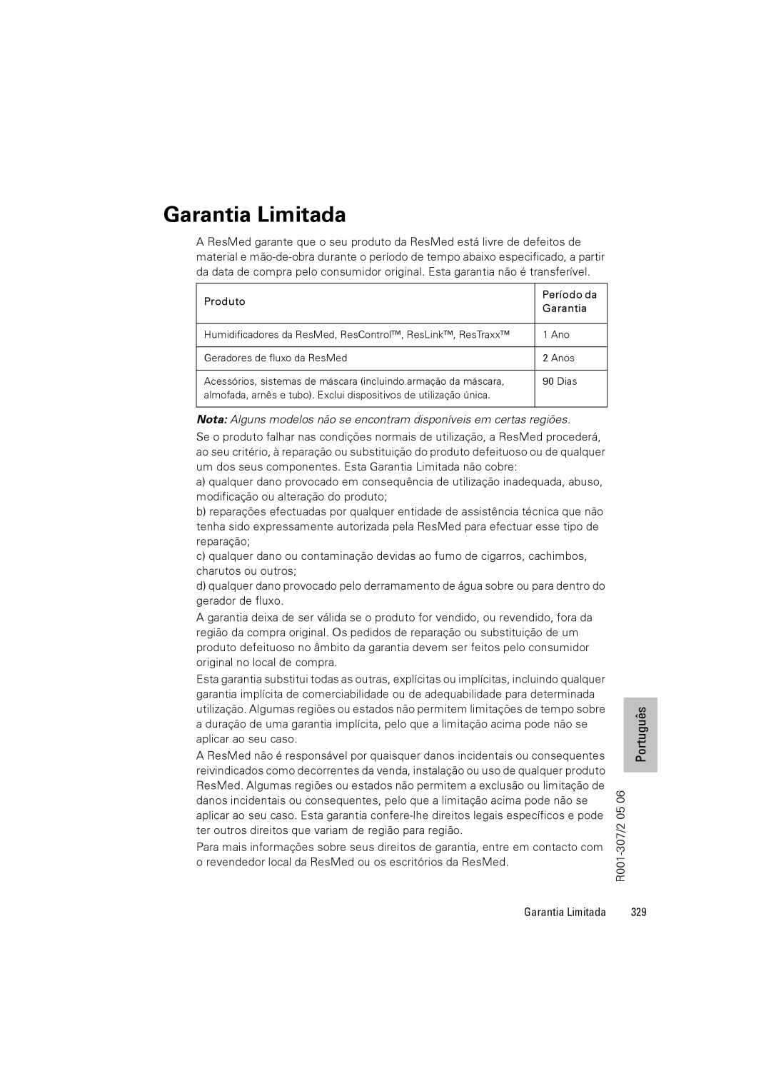 ResMed VPAP III ST-A user manual Garantia Limitada, R001-307/2 05, 329 