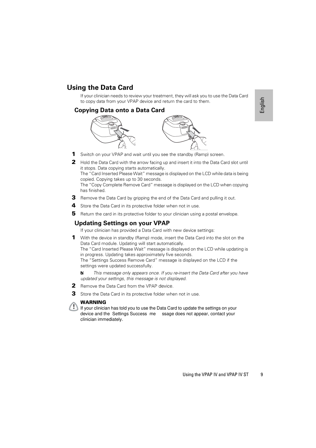 ResMed VPAP IV ST manual Using the Data Card, Copying Data onto a Data Card 