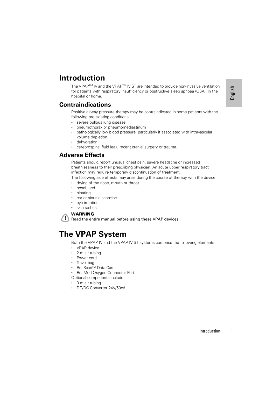 ResMed VPAP IV ST manual Introduction, Vpap System, Contraindications, Adverse Effects 