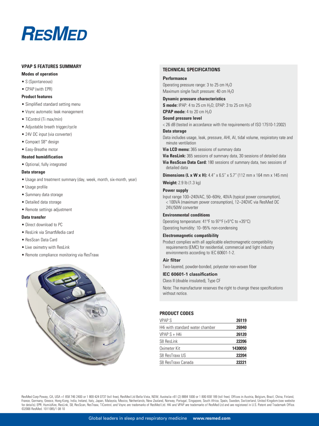 ResMed VPAP S manual Vpap S Features Summary, Technical Specifications, Product Codes 