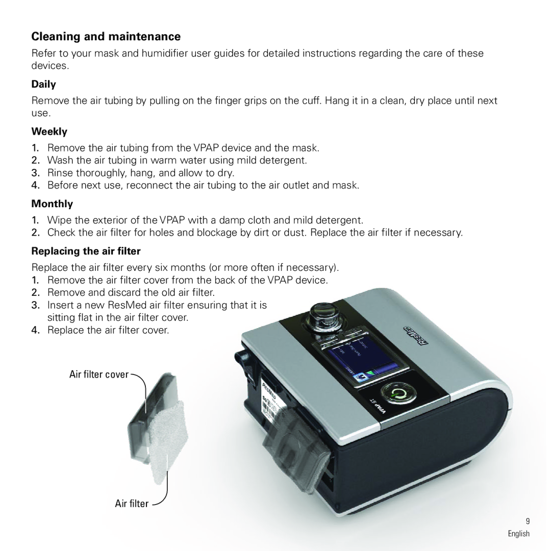 ResMed VPAP ST, VAP S manual Cleaning and maintenance, Daily, Weekly, Monthly, Replacing the air filter 