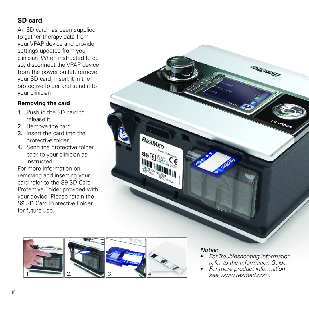 ResMed VAP S, VPAP ST manual SD card, Removing the card 