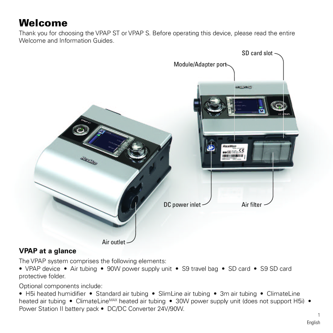 ResMed VPAP ST, VAP S manual Welcome, Vpap at a glance 