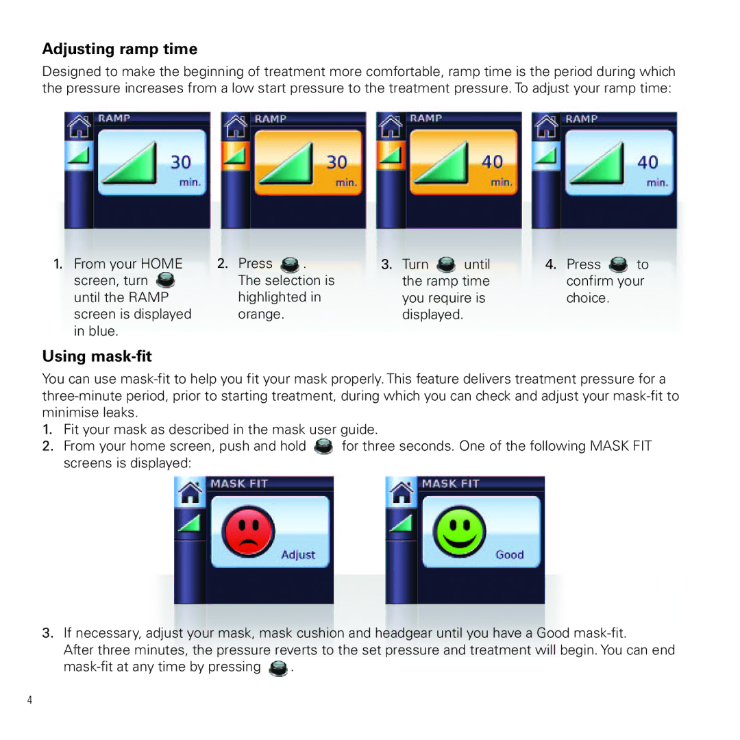 ResMed VAP S, VPAP ST manual Adjusting ramp time, Using mask-fit 