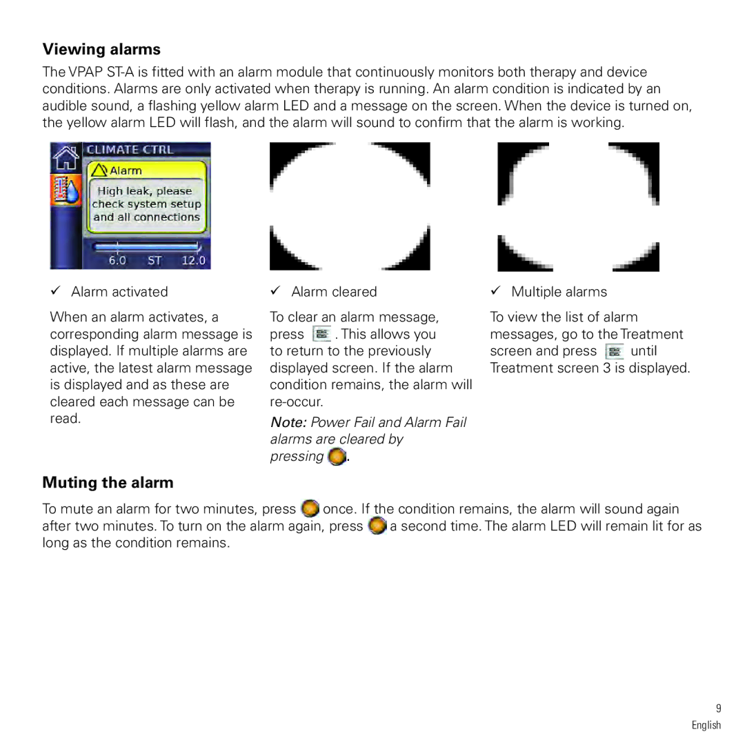 ResMed vpap-st manual Viewing alarms, Muting the alarm 