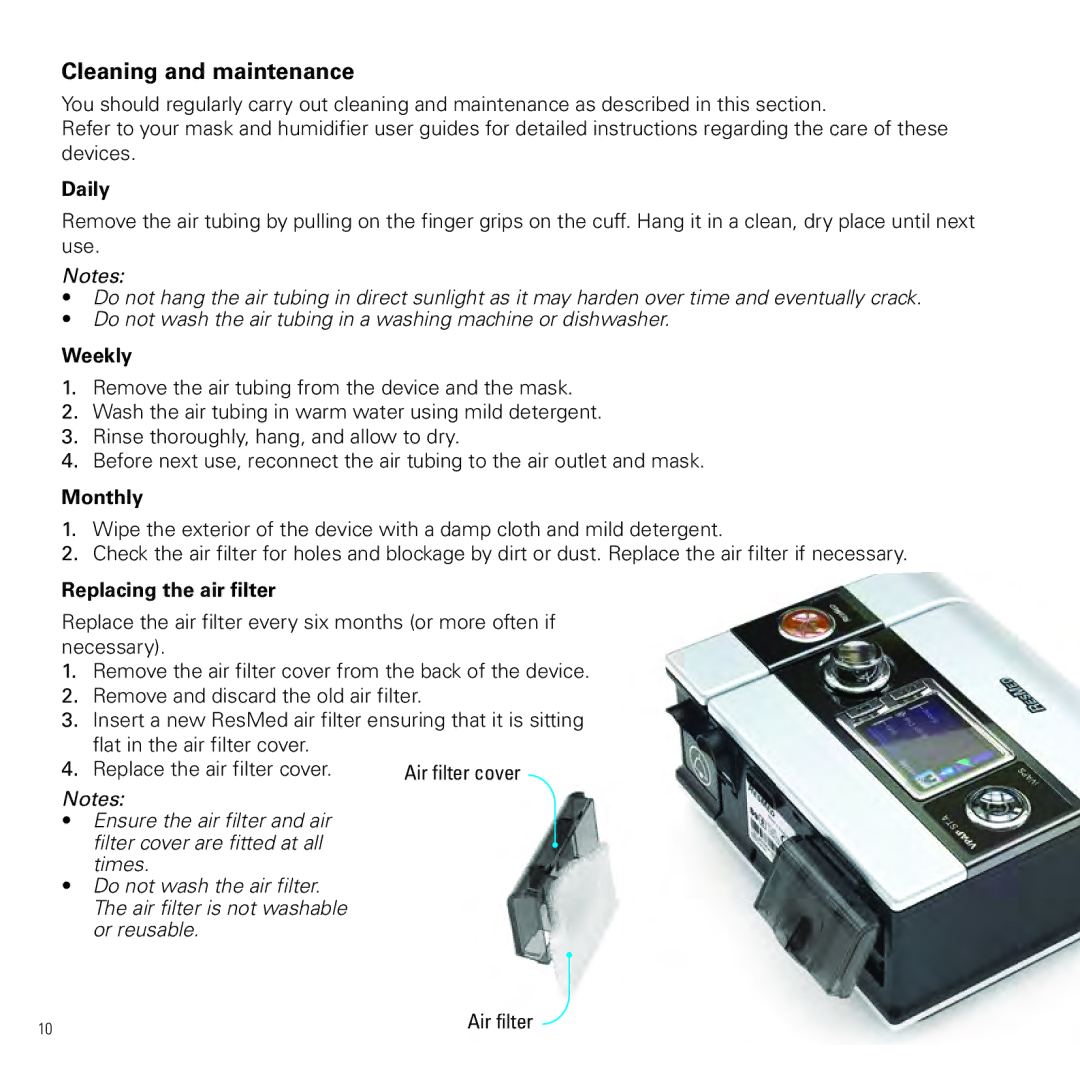 ResMed vpap-st manual Cleaning and maintenance, Daily, Weekly, Monthly, Replacing the air filter 