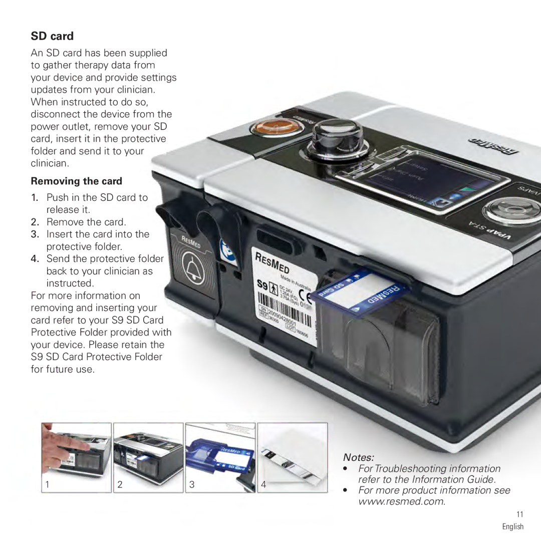 ResMed vpap-st manual SD card, Removing the card 