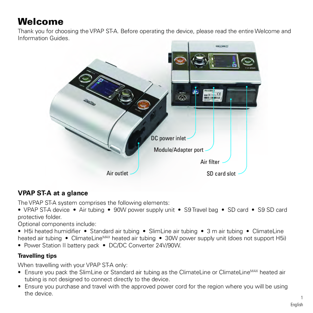 ResMed vpap-st manual Vpap ST-A at a glance, Travelling tips 