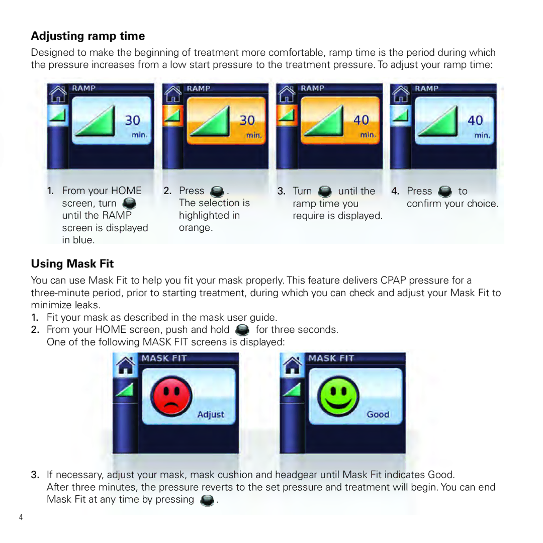 ResMed vpap-st manual Adjusting ramp time, Using Mask Fit 