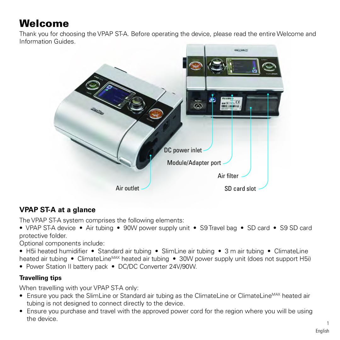 ResMed vpap-st manual VPAP ST-A at a glance, Travelling tips, Welcome 
