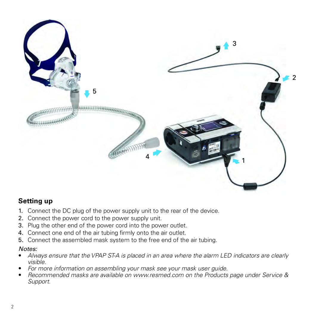 ResMed vpap-st manual Setting up, For more information on assembling your mask see your mask user guide 