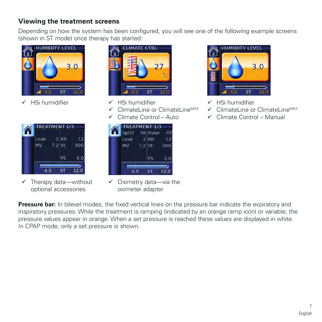 ResMed vpap-st manual Viewing the treatment screens, English 