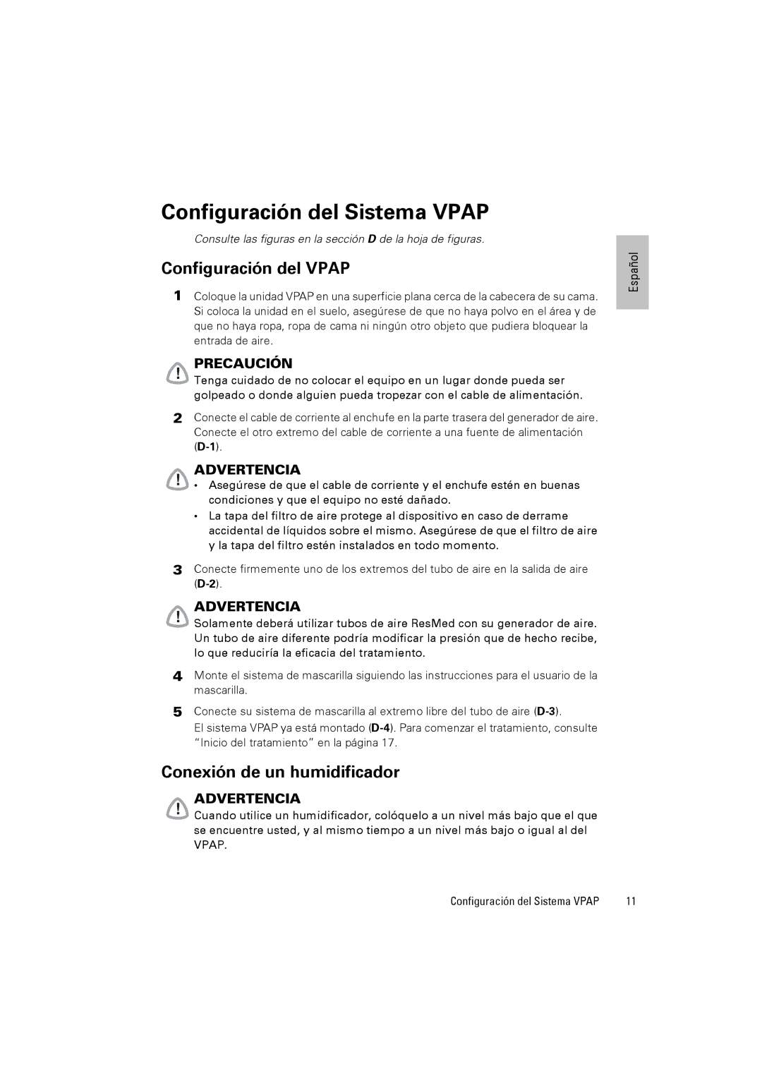 ResMed VPAPTm III$IIIst user manual Configuración del Sistema Vpap, Configuración del Vpap, Conexión de un humidificador 