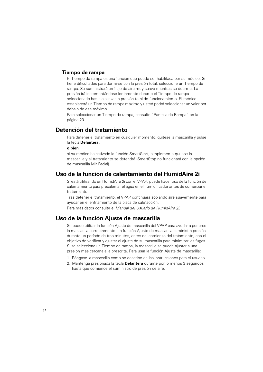 ResMed VPAPTm III$IIIst Detención del tratamiento, Uso de la función de calentamiento del HumidAire, Tiempo de rampa 