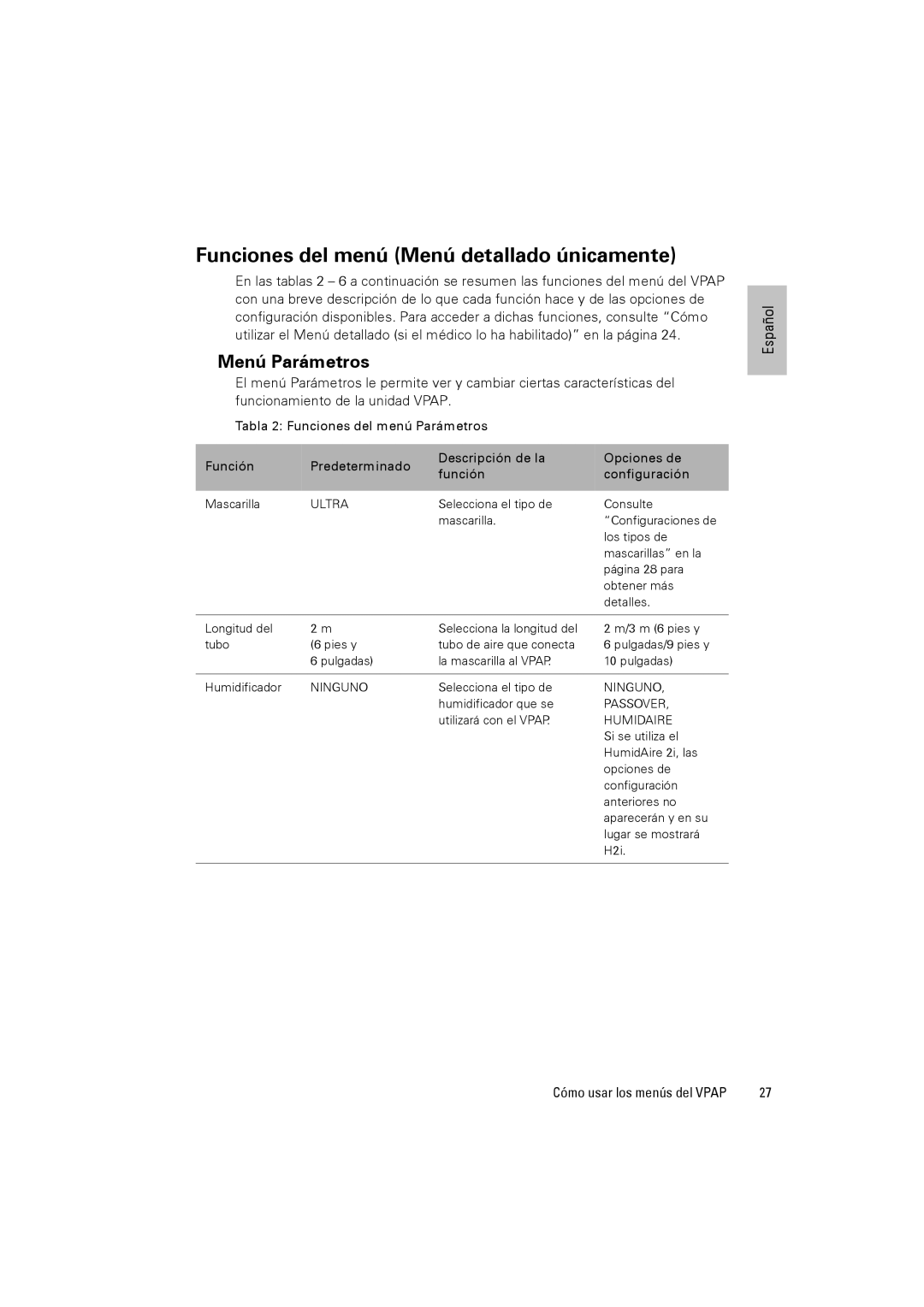 ResMed VPAPTm III$IIIst user manual Funciones del menú Menú detallado únicamente, Menú Parámetros 