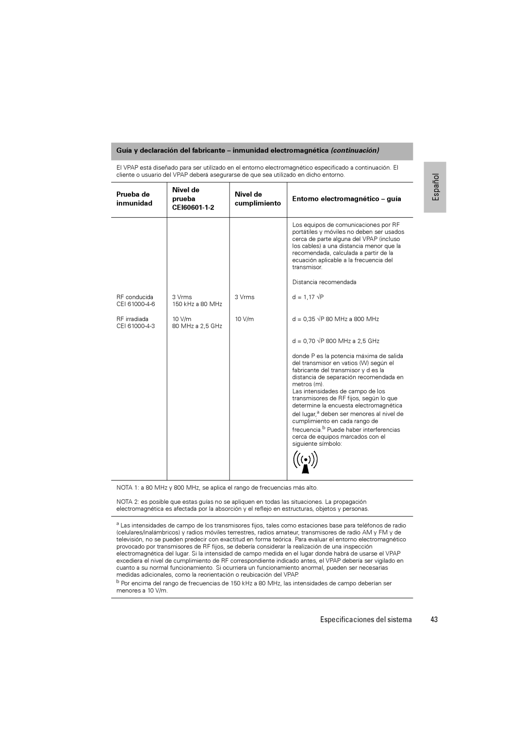 ResMed VPAPTm III$IIIst user manual Los equipos de comunicaciones por RF 