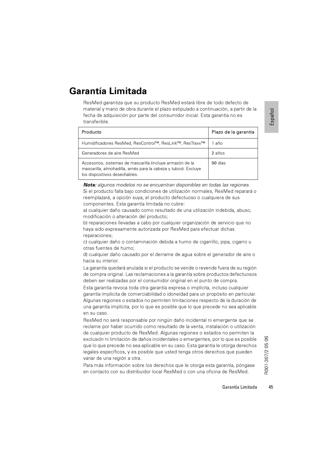 ResMed VPAPTm III$IIIst user manual Garantía Limitada 