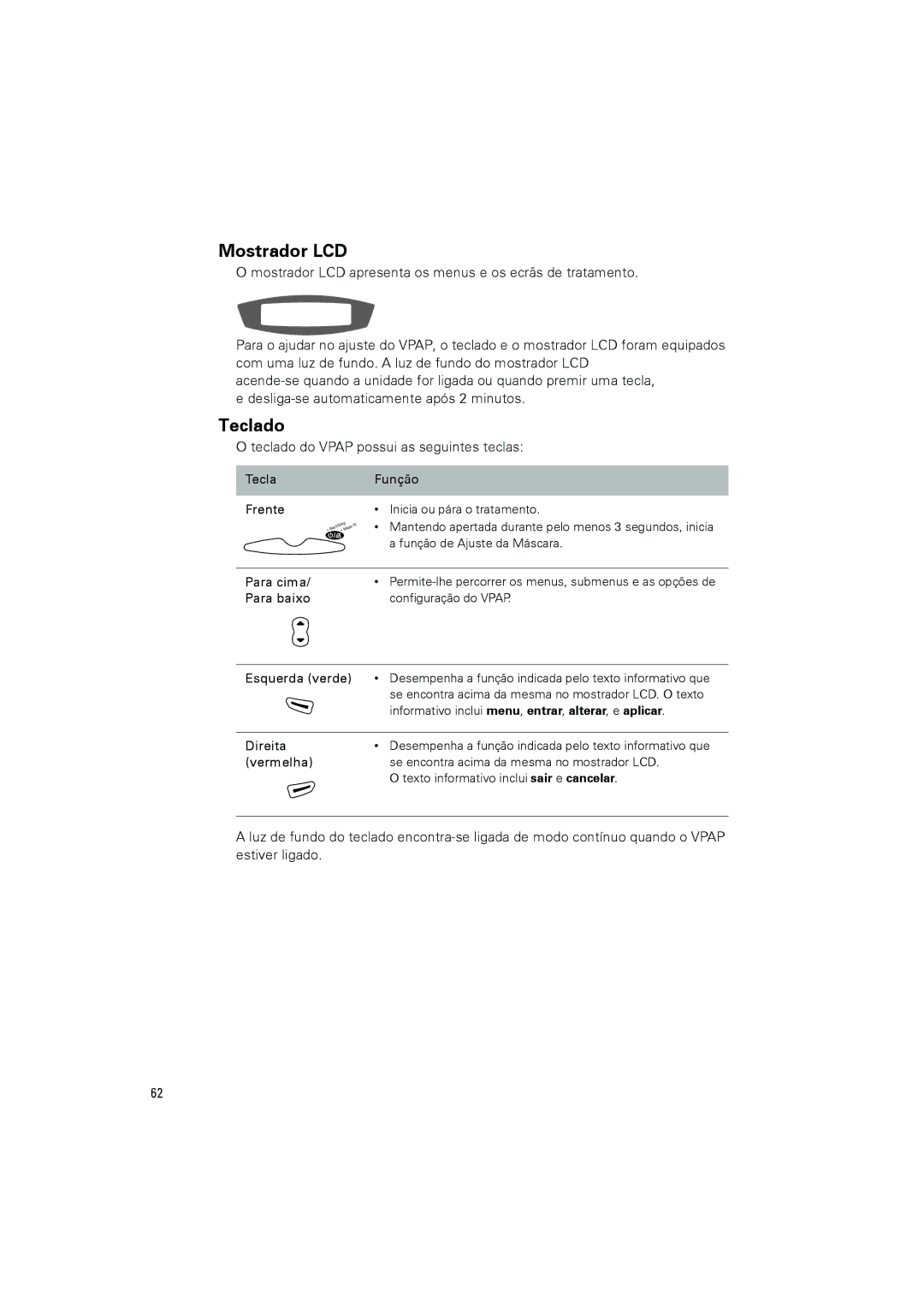 ResMed VPAPTm III$IIIst user manual Mostrador LCD, Teclado do Vpap possui as seguintes teclas 