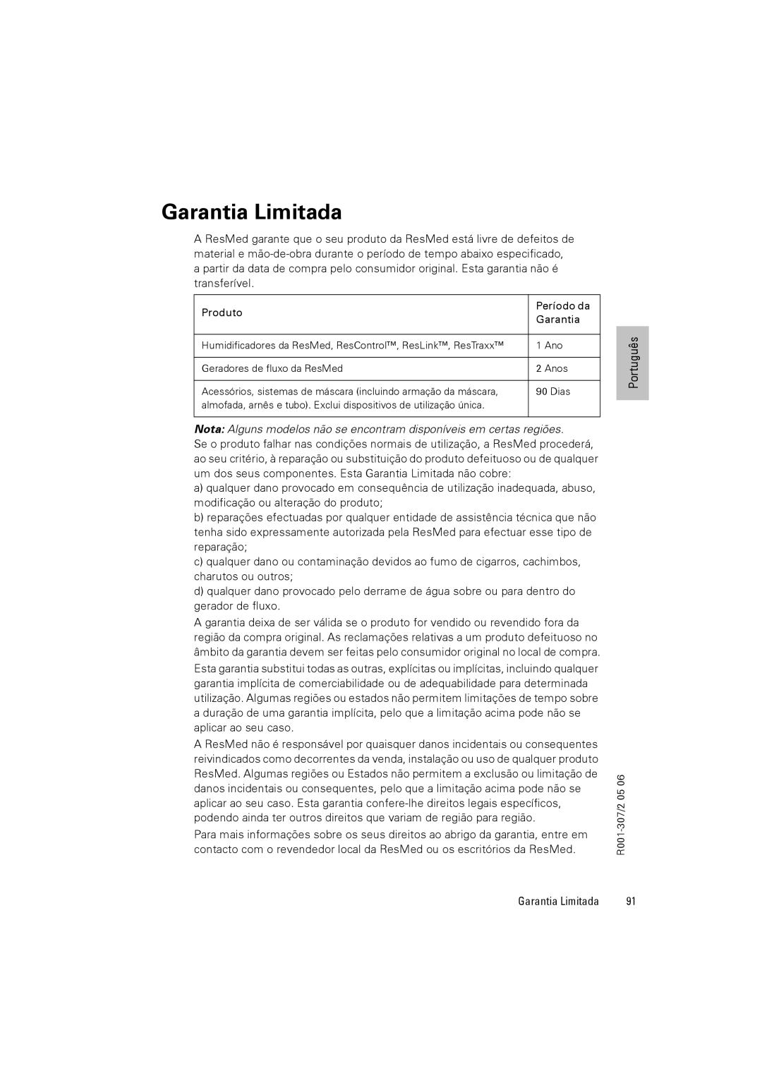 ResMed VPAPTm III$IIIst user manual Garantia Limitada 