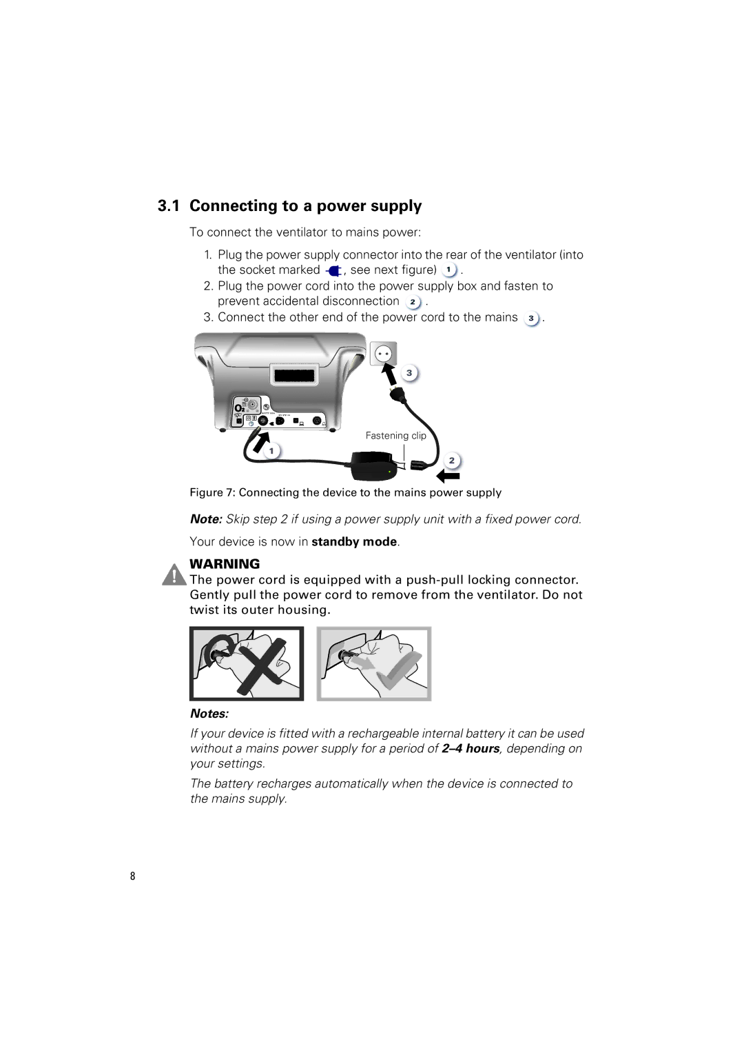 ResMed VS III user manual Connecting to a power supply, Connecting the device to the mains power supply 