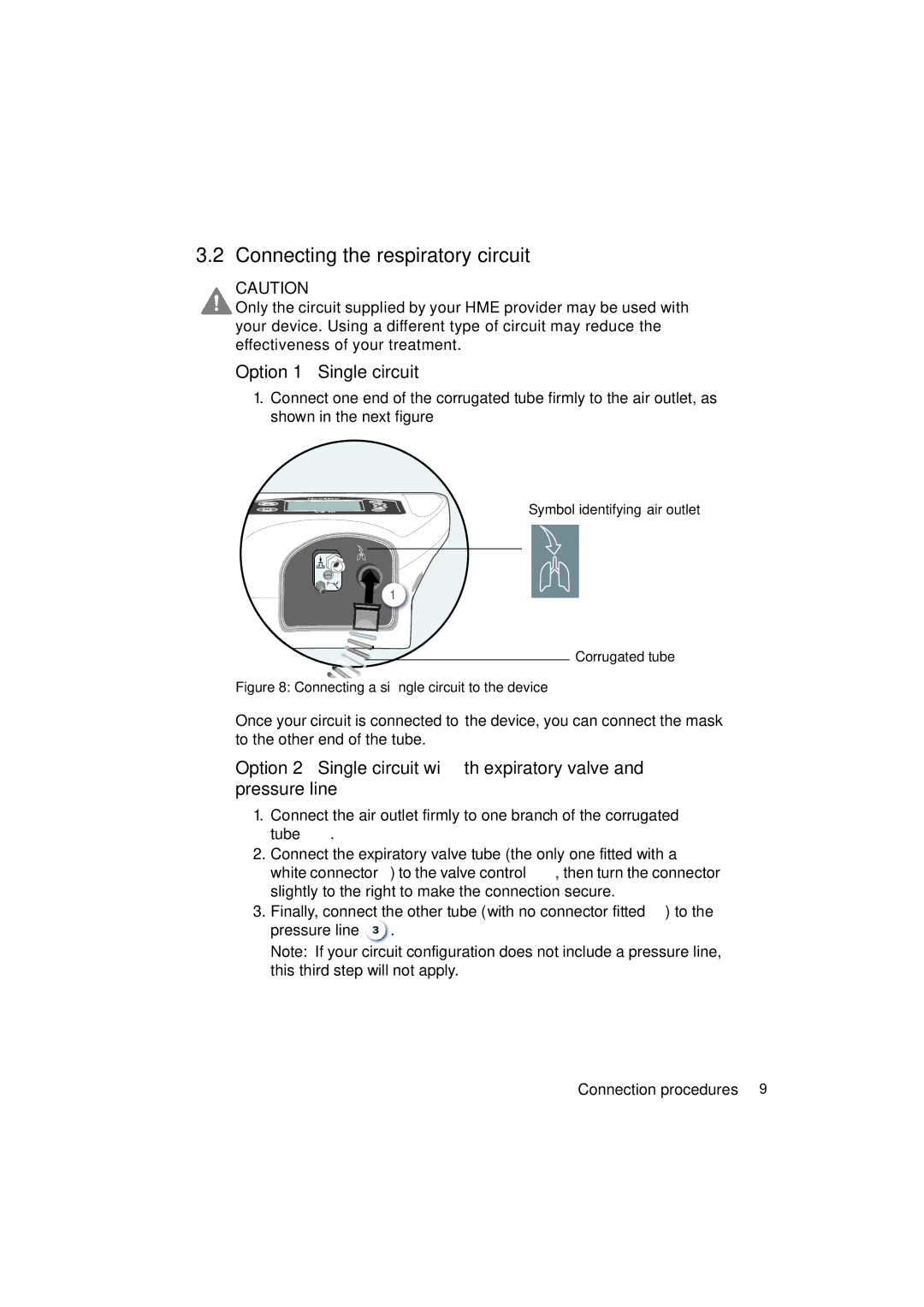 ResMed VS III user manual Connecting the respiratory circuit, Option 1 Single circuit 