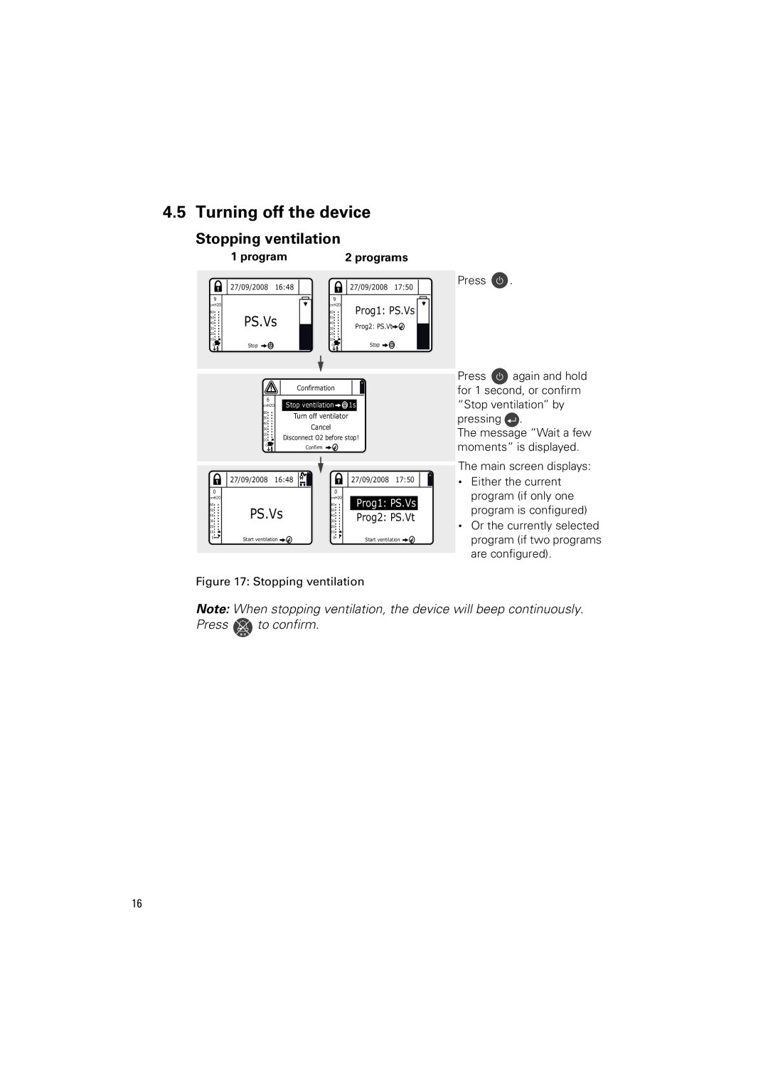 ResMed VS III user manual Turning off the device, Stopping ventilation, Program Programs 