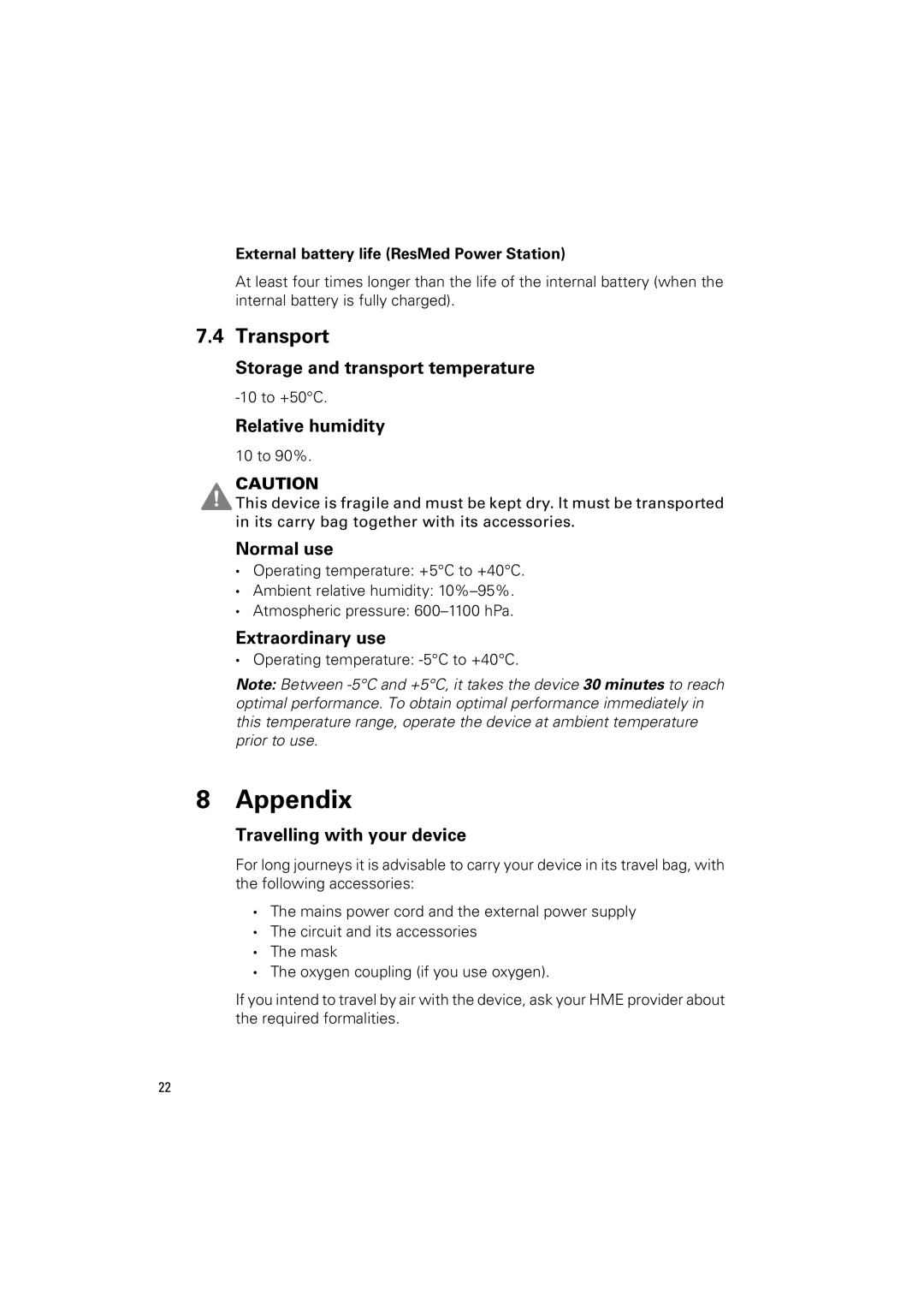 ResMed VS III user manual Appendix, Transport 