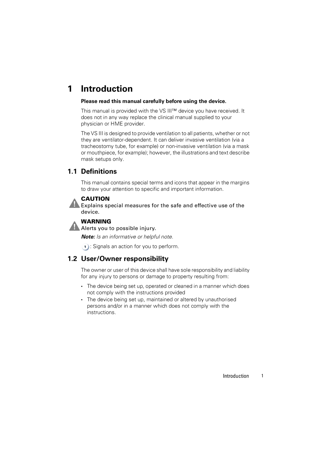 ResMed VS III user manual Introduction, Definitions, User/Owner responsibility 