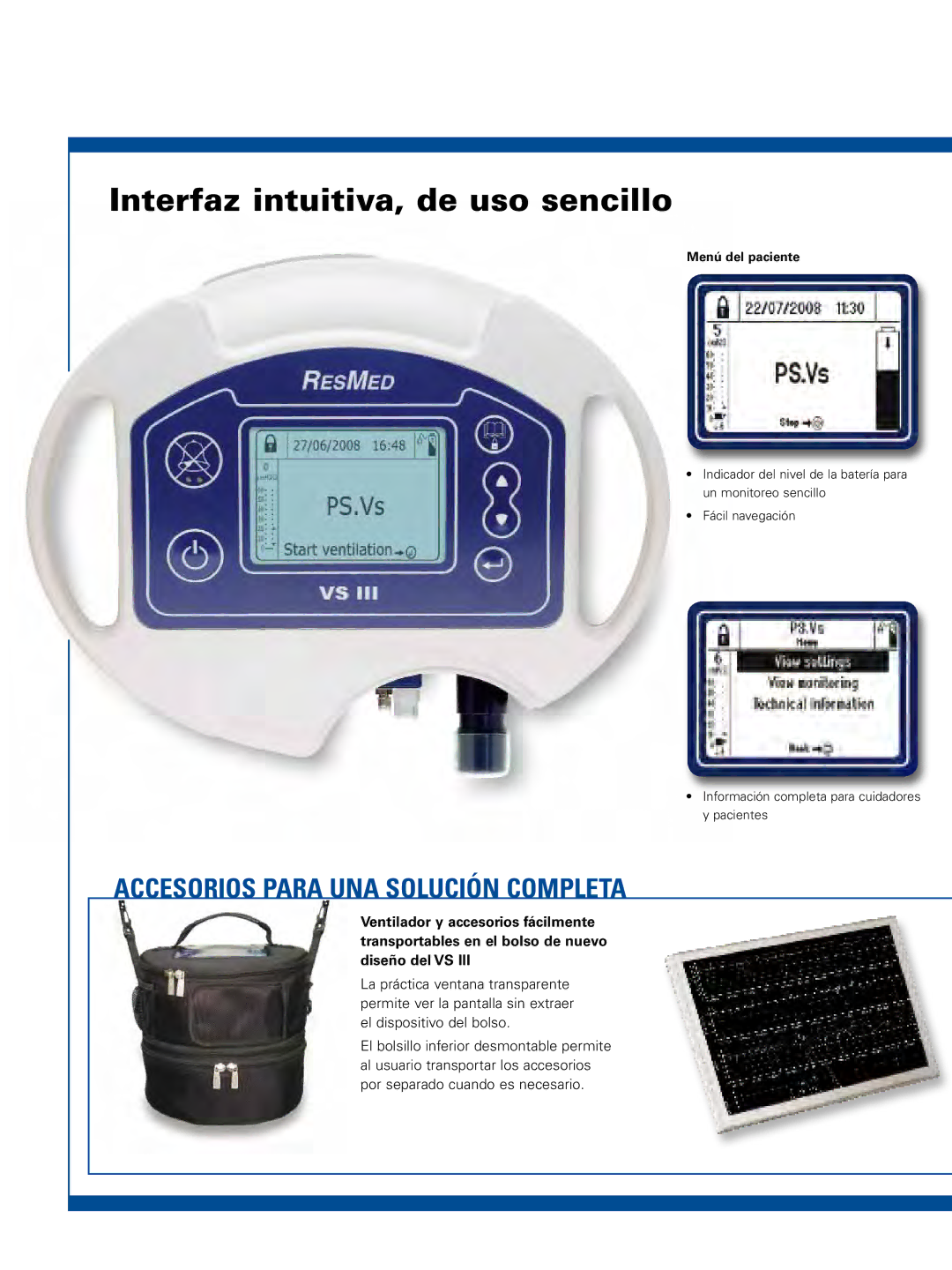 ResMed VS III manual Interfaz intuitiva, de uso sencillo, Menú del paciente 