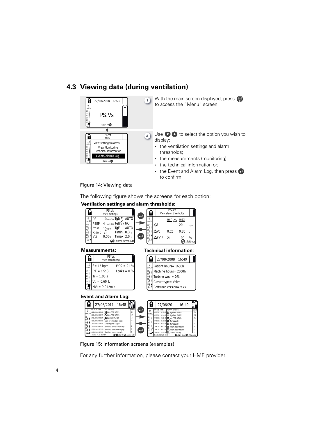 ResMed VS III user manual Viewing data during ventilation, Ventilation settings and alarm thresholds, Measurements 