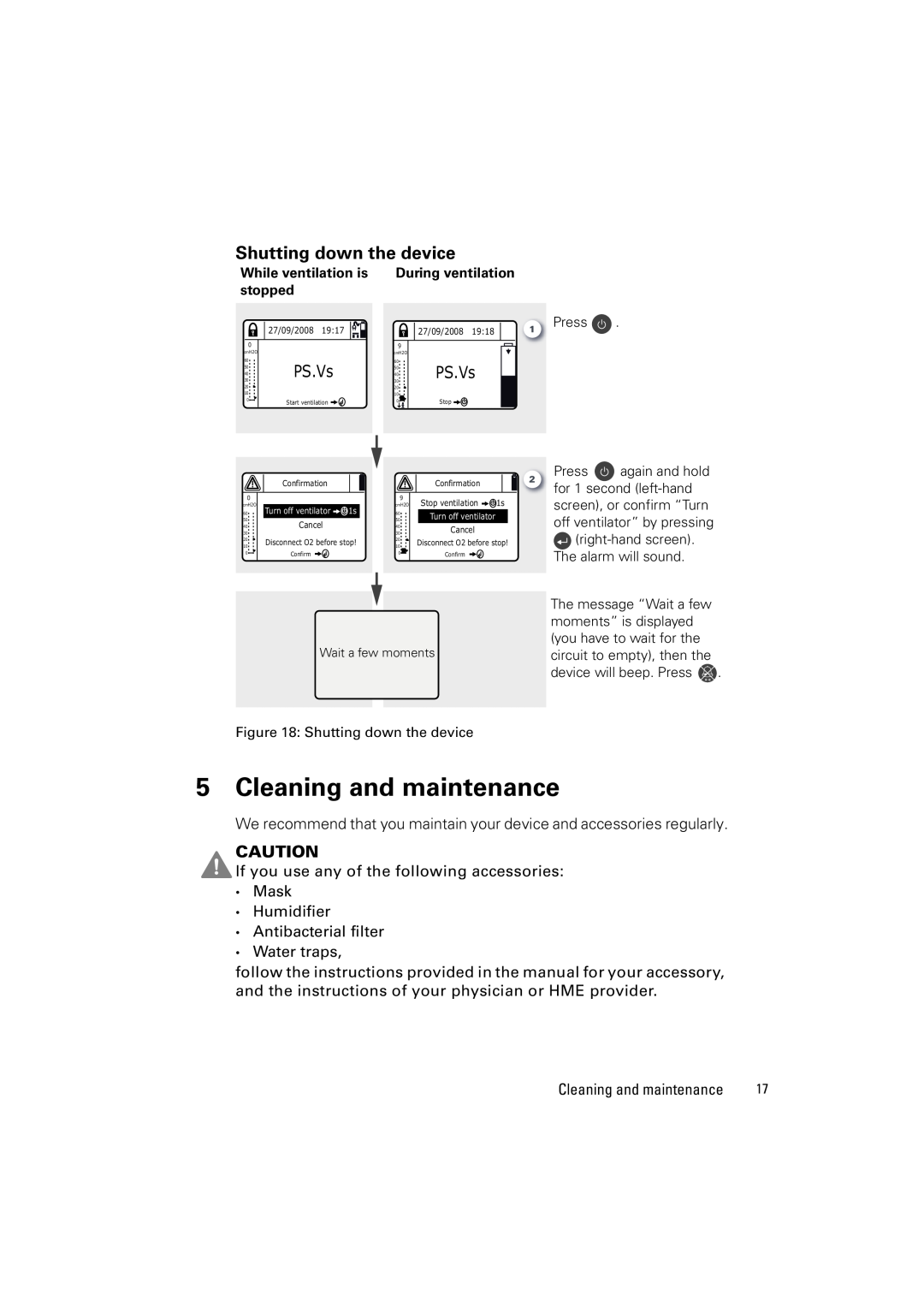 ResMed VS III user manual Cleaning and maintenance, Shutting down the device, PS.Vs 