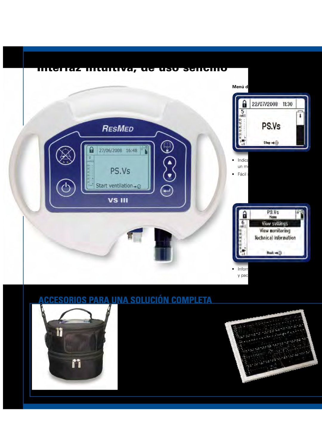 ResMed VS III manual Interfaz intuitiva, de uso sencillo, Accesorios pARA una solución completA, Menú del paciente 