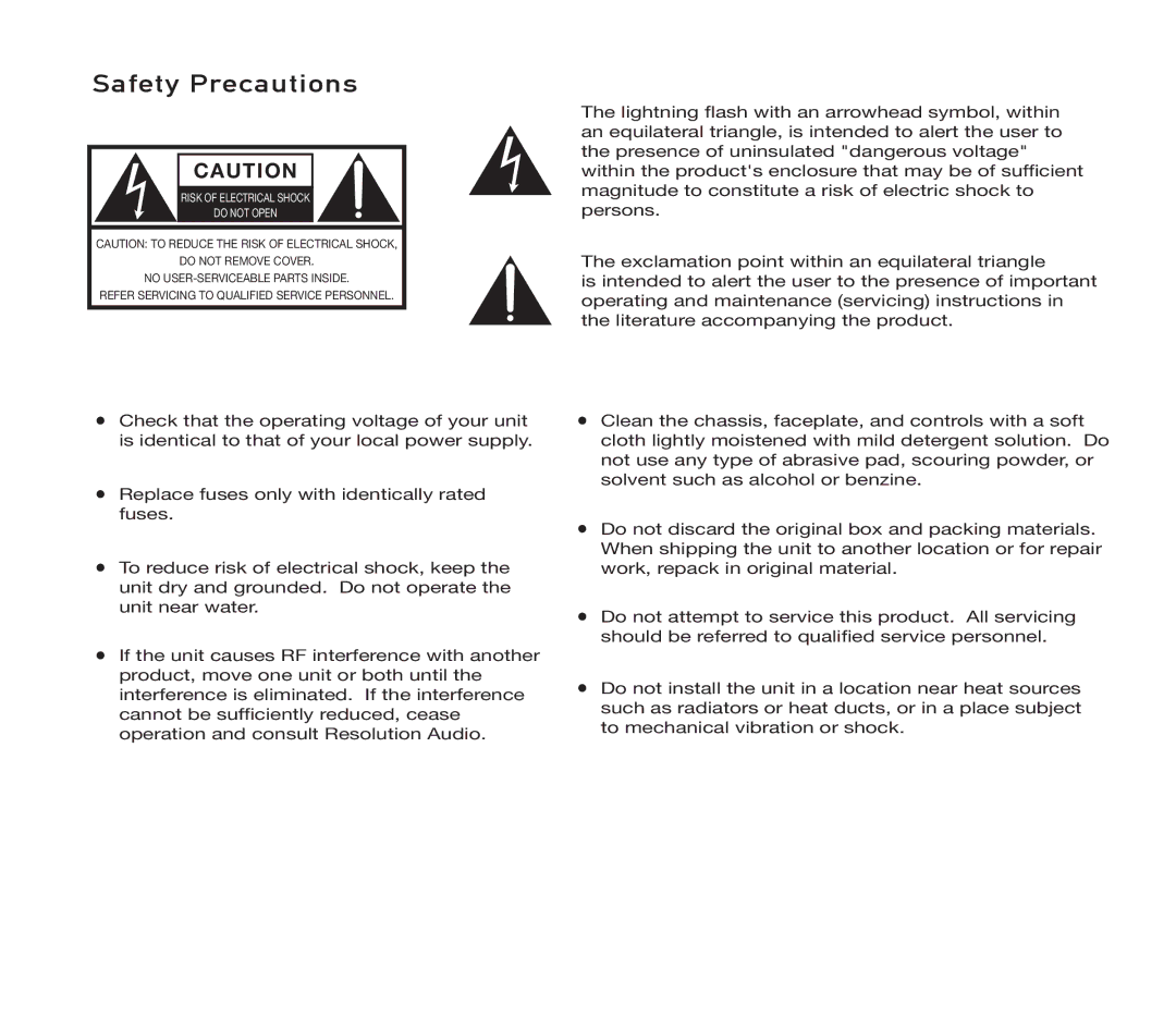 Resolution Audio S80 owner manual Safety Precautions, Risk of Electrical Shock Do not Open 