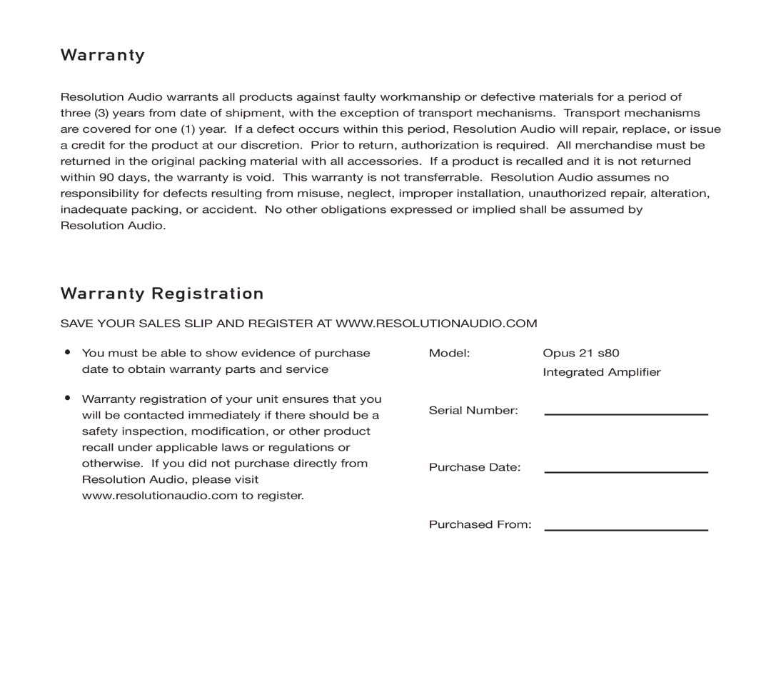 Resolution Audio S80 owner manual Warranty Registration 