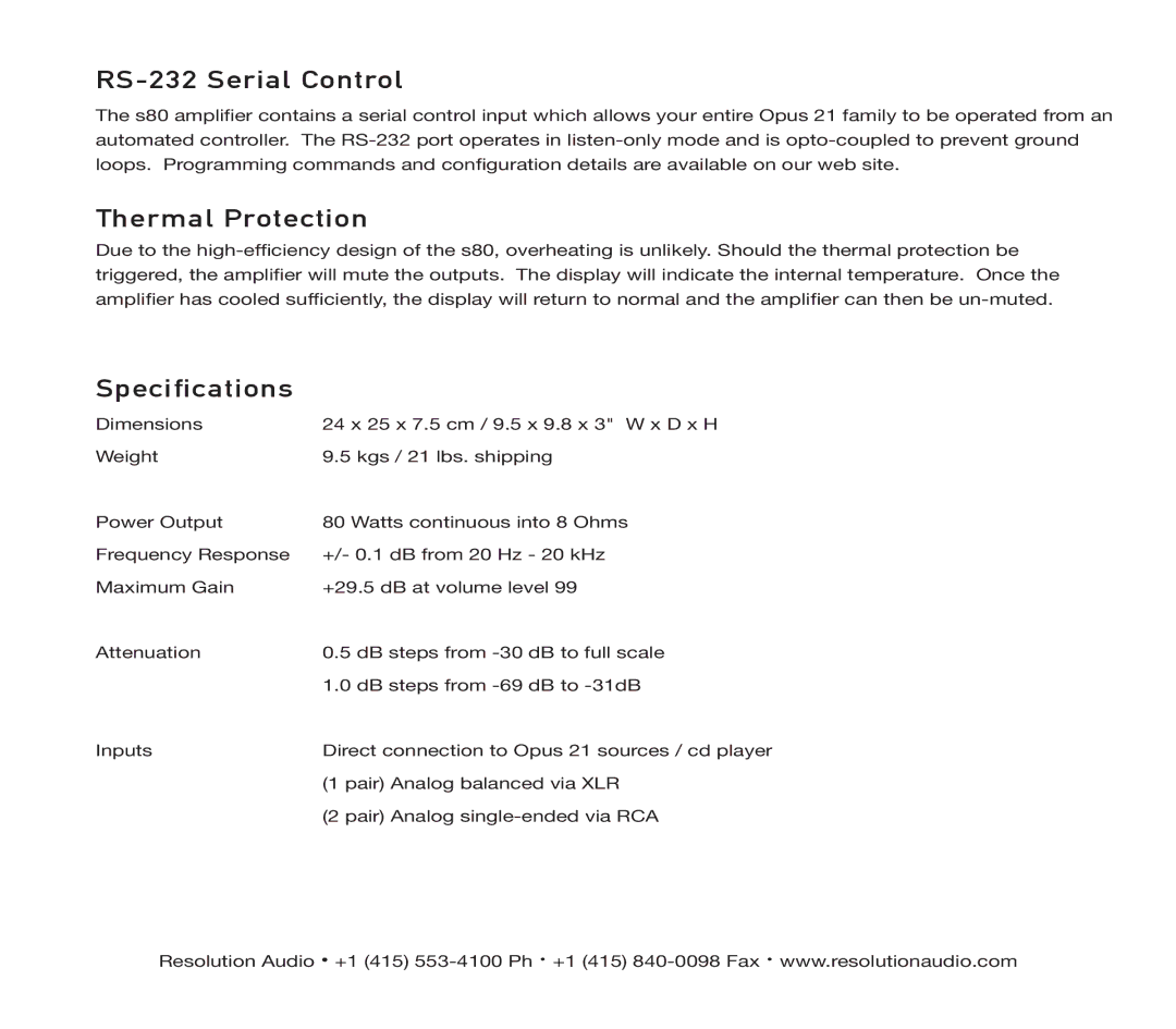 Resolution Audio S80 owner manual RS-232 Serial Control, Thermal Protection, Specifications 