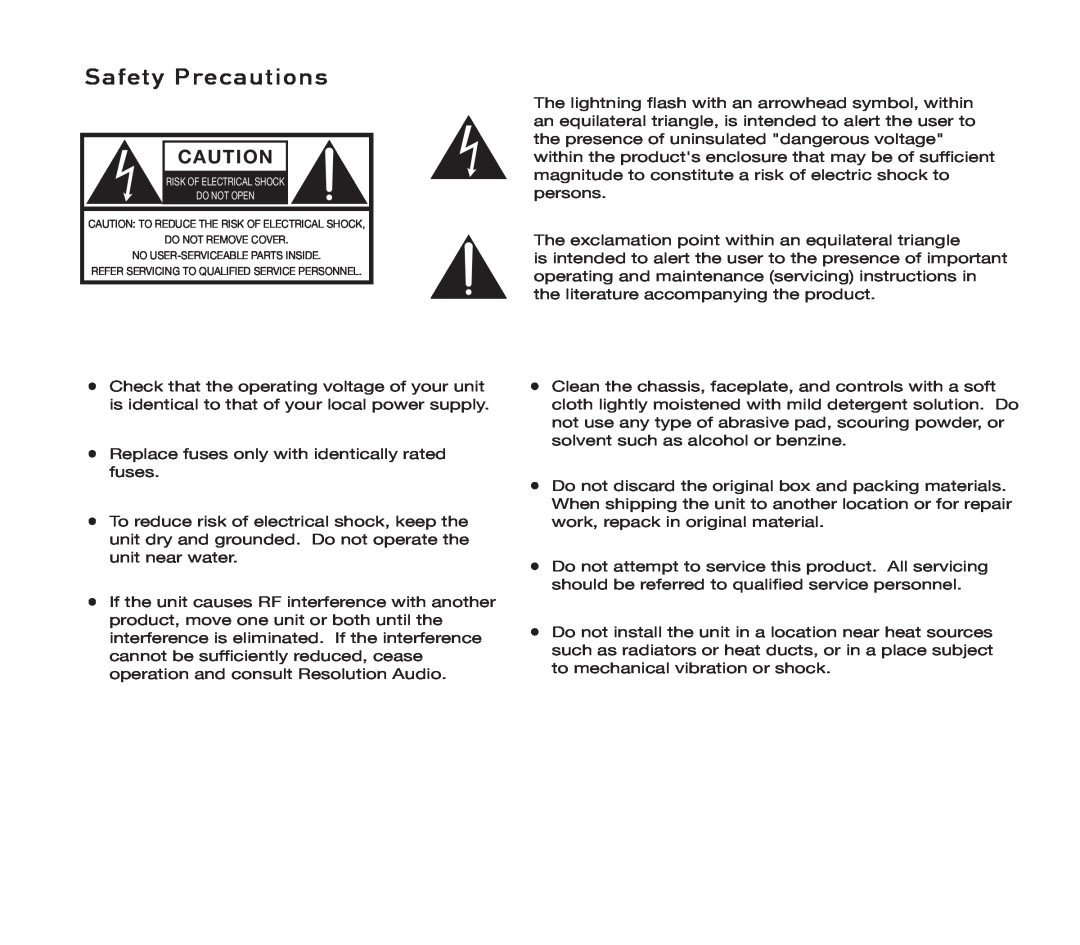 Resolution Audio S80 owner manual Safety Precautions 
