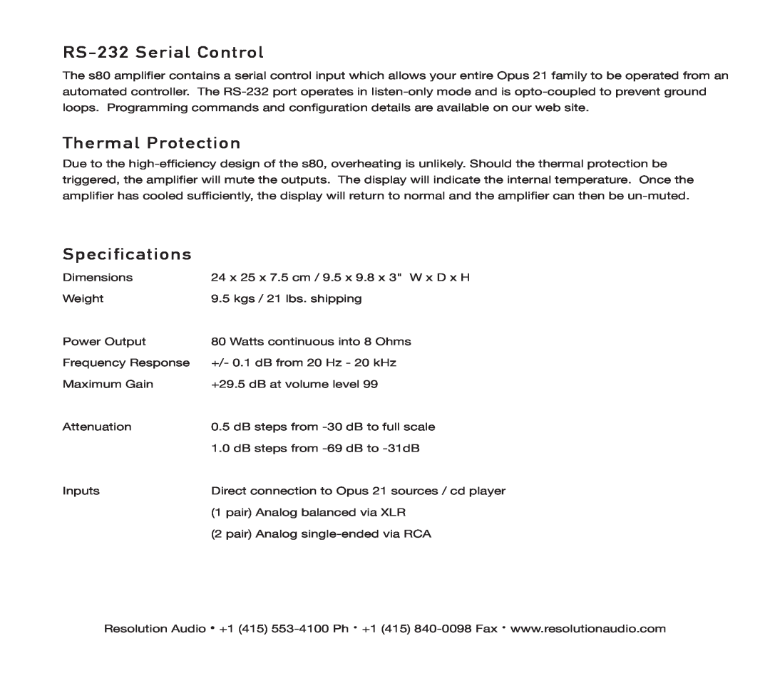 Resolution Audio S80 owner manual RS-232Serial Control, Thermal Protection, Specifications 
