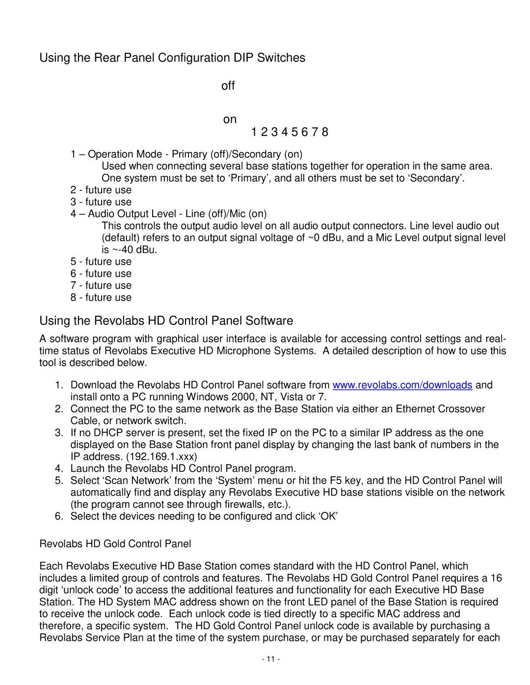 Revolabs 01-HDEXEC-NM Using the Rear Panel Configuration DIP Switches, Using the Revolabs HD Control Panel Software 
