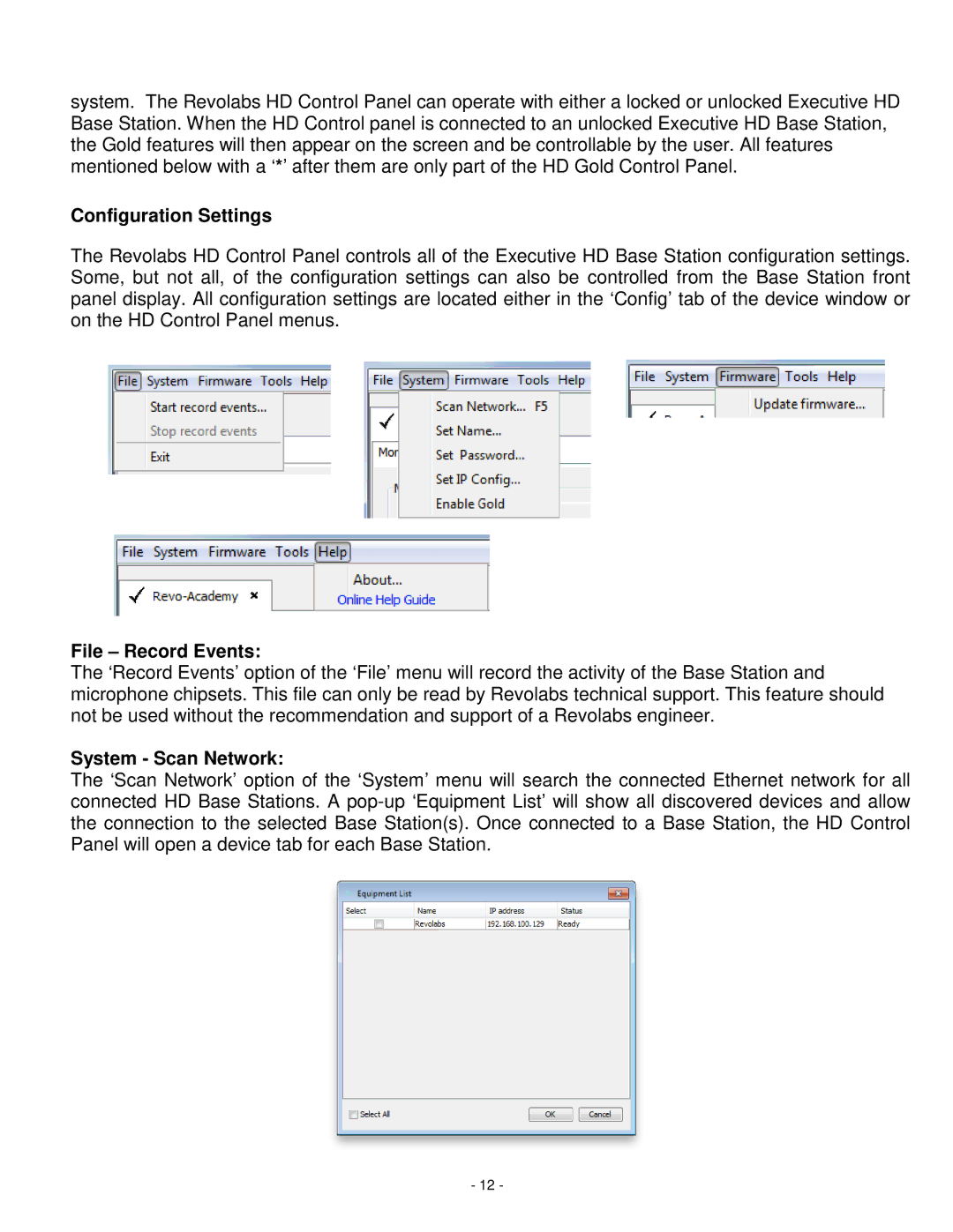 Revolabs 01-HDEXEC-NM installation and operation guide Configuration Settings, File Record Events, System Scan Network 