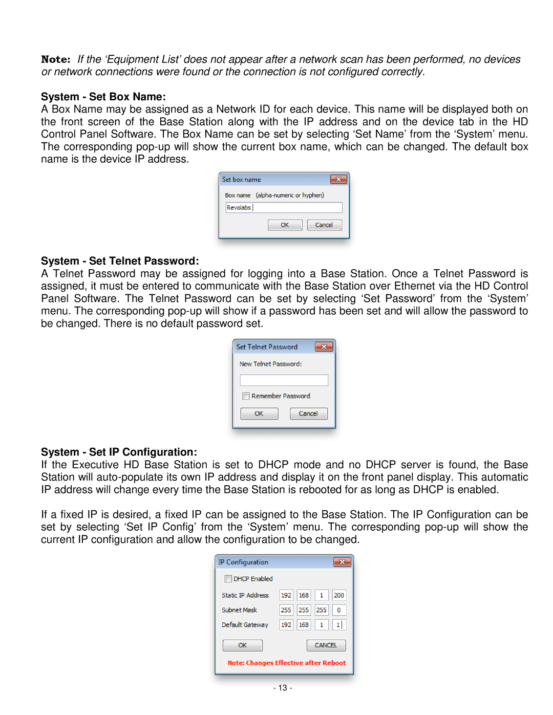 Revolabs 01-HDEXEC-NM System Set Box Name, System Set Telnet Password, System Set IP Configuration 