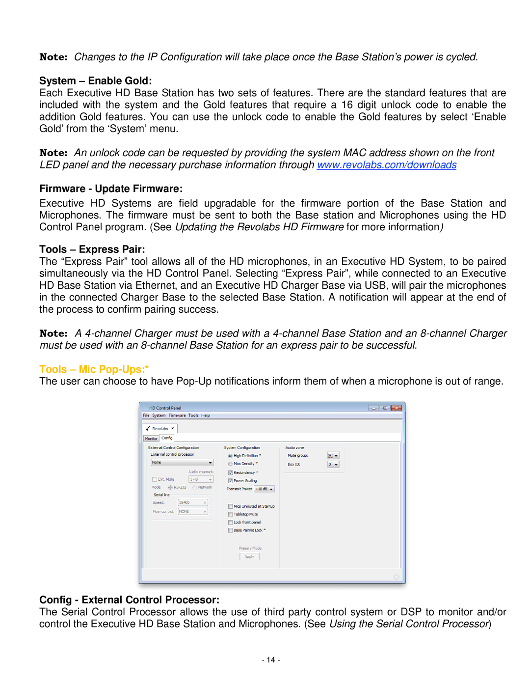 Revolabs 01-HDEXEC-NM System Enable Gold, Firmware Update Firmware, Tools Express Pair, Config External Control Processor 