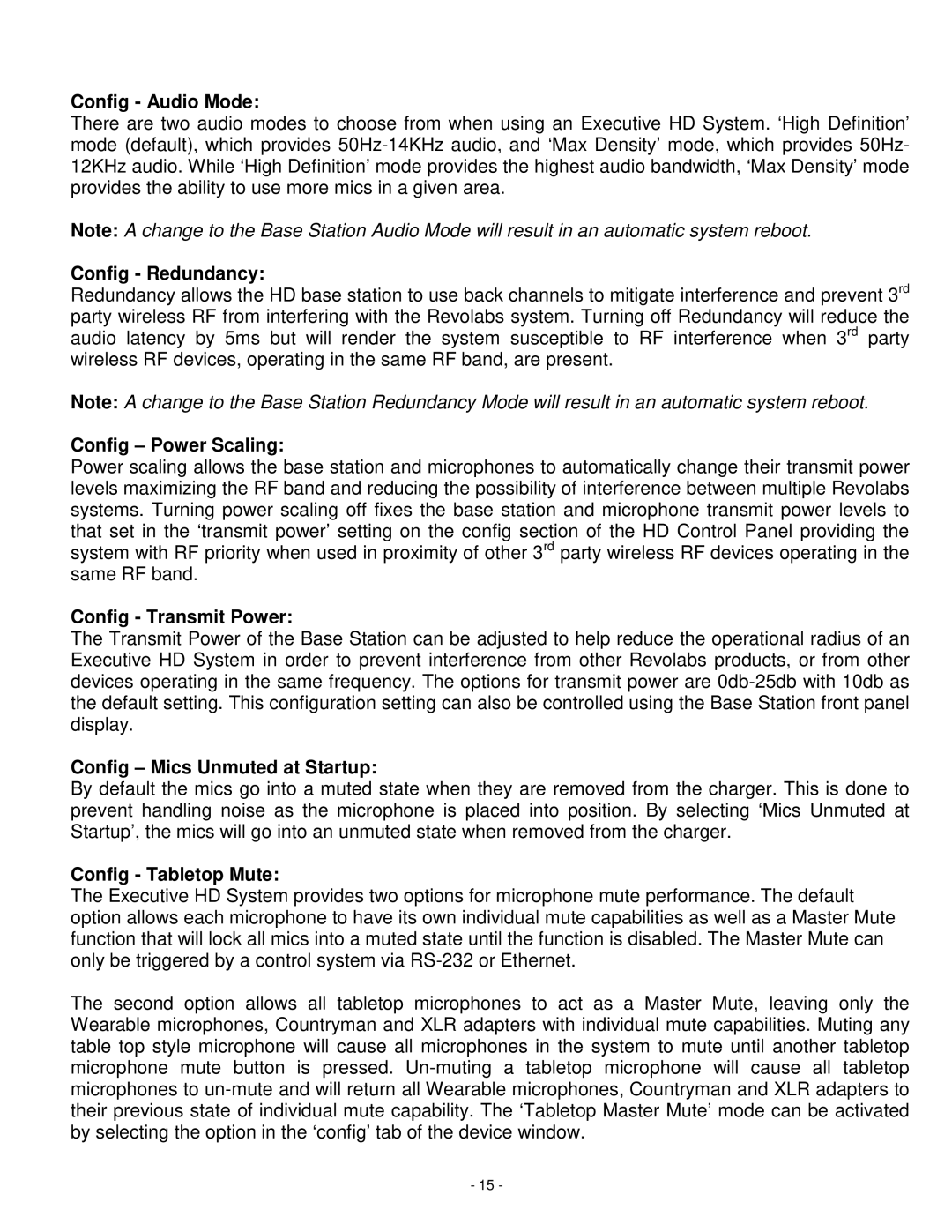 Revolabs 01-HDEXEC-NM Config Audio Mode, Config Redundancy, Config Power Scaling, Config Transmit Power 