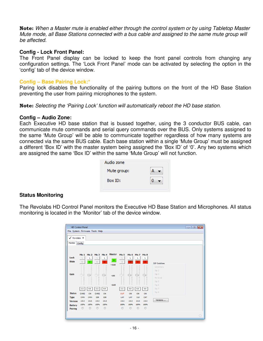 Revolabs 01-HDEXEC-NM installation and operation guide Config Lock Front Panel, Config Audio Zone, Status Monitoring 