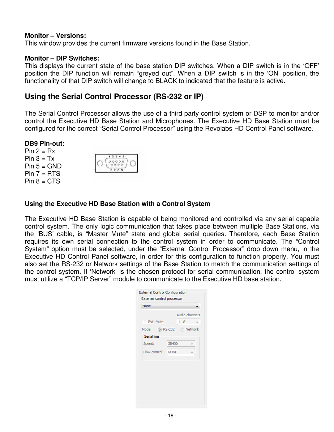 Revolabs 01-HDEXEC-NM Using the Serial Control Processor RS-232 or IP, Monitor Versions, Monitor DIP Switches, DB9 Pin-out 