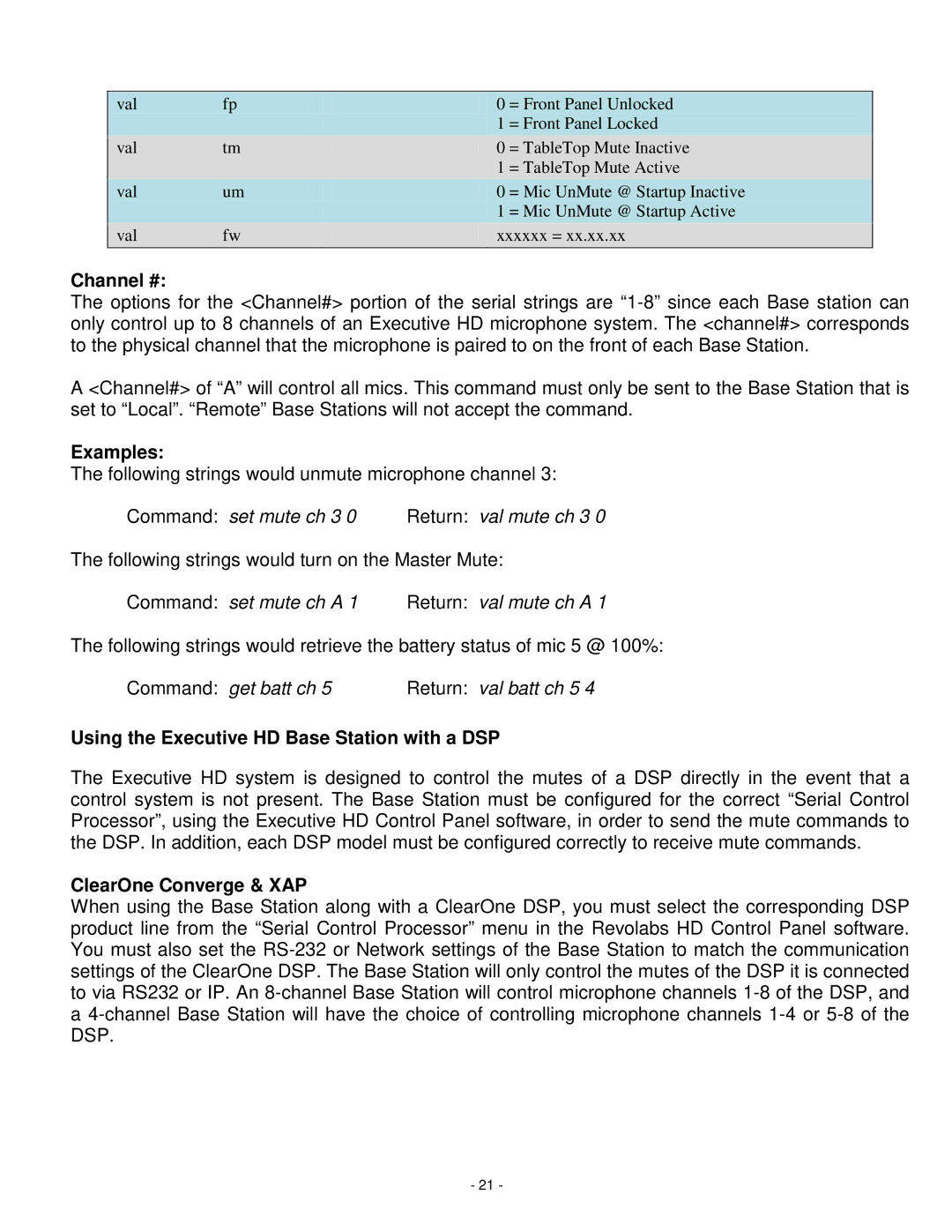 Revolabs 01-HDEXEC-NM Channel #, Examples, Using the Executive HD Base Station with a DSP, ClearOne Converge & XAP 