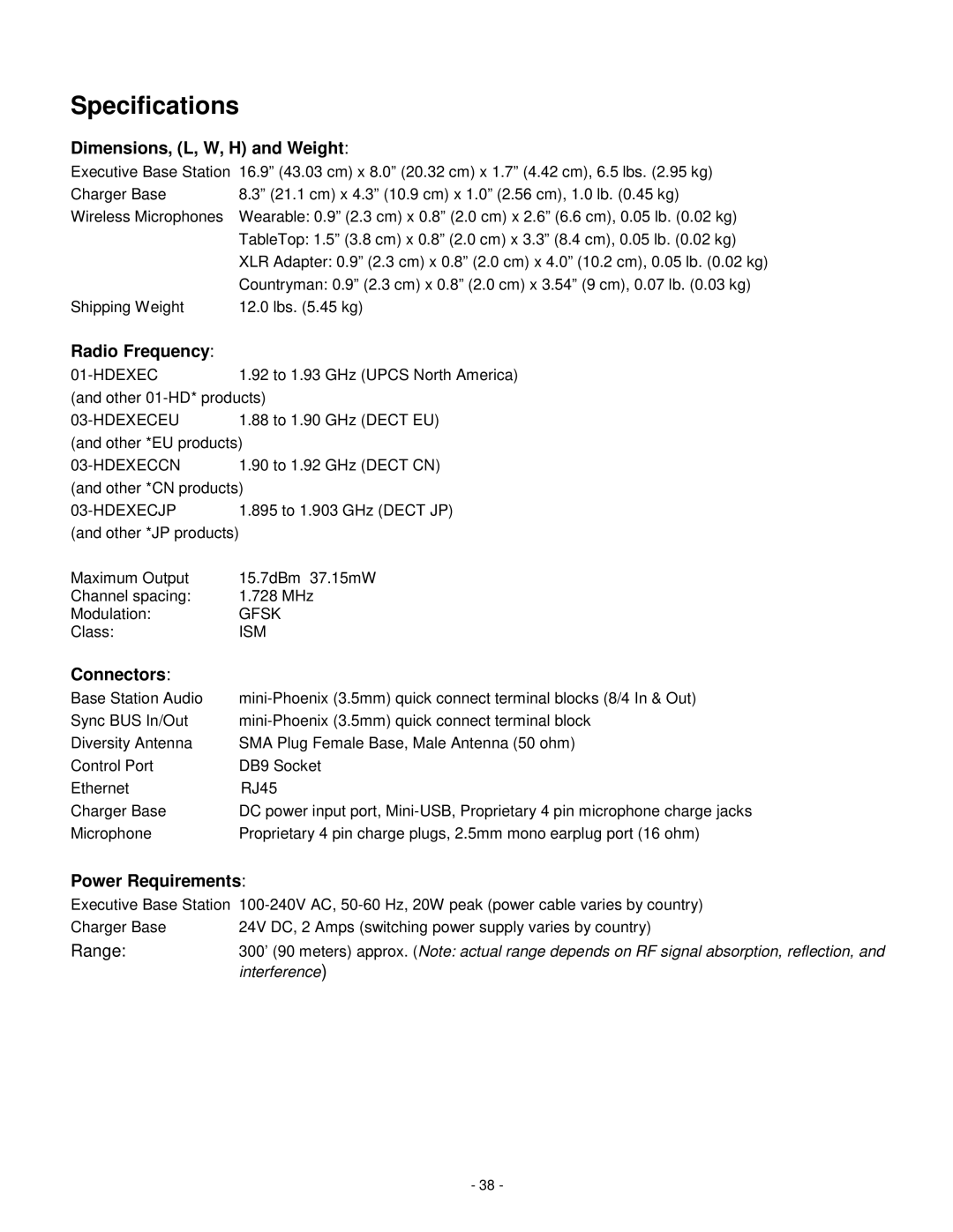 Revolabs 01-HDEXEC-NM installation and operation guide Specifications, Dimensions, L, W, H and Weight 