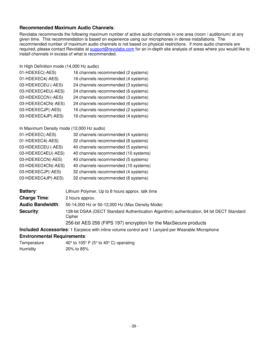 Revolabs 01-HDEXEC-NM installation and operation guide Battery 