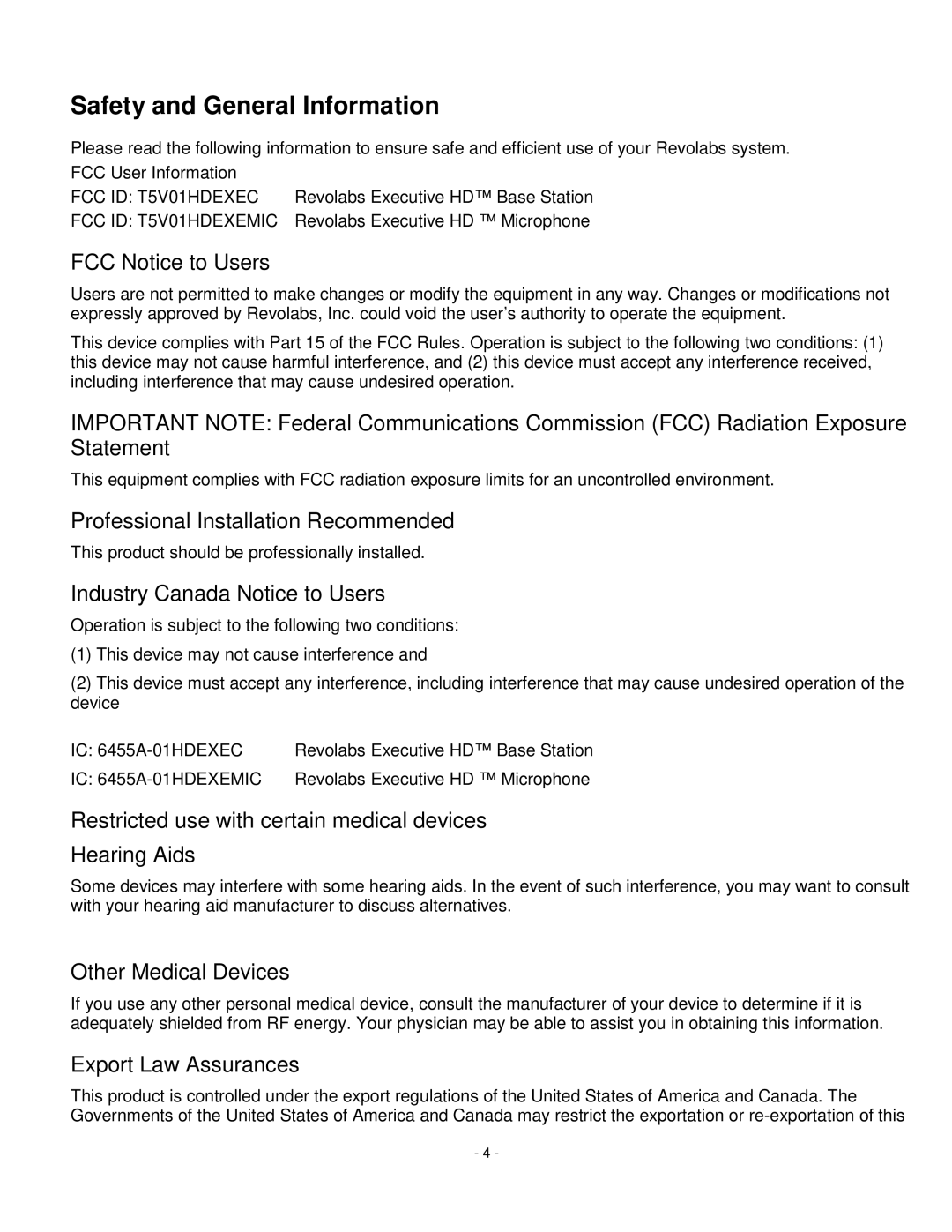 Revolabs 01-HDEXEC-NM installation and operation guide Safety and General Information, FCC Notice to Users 