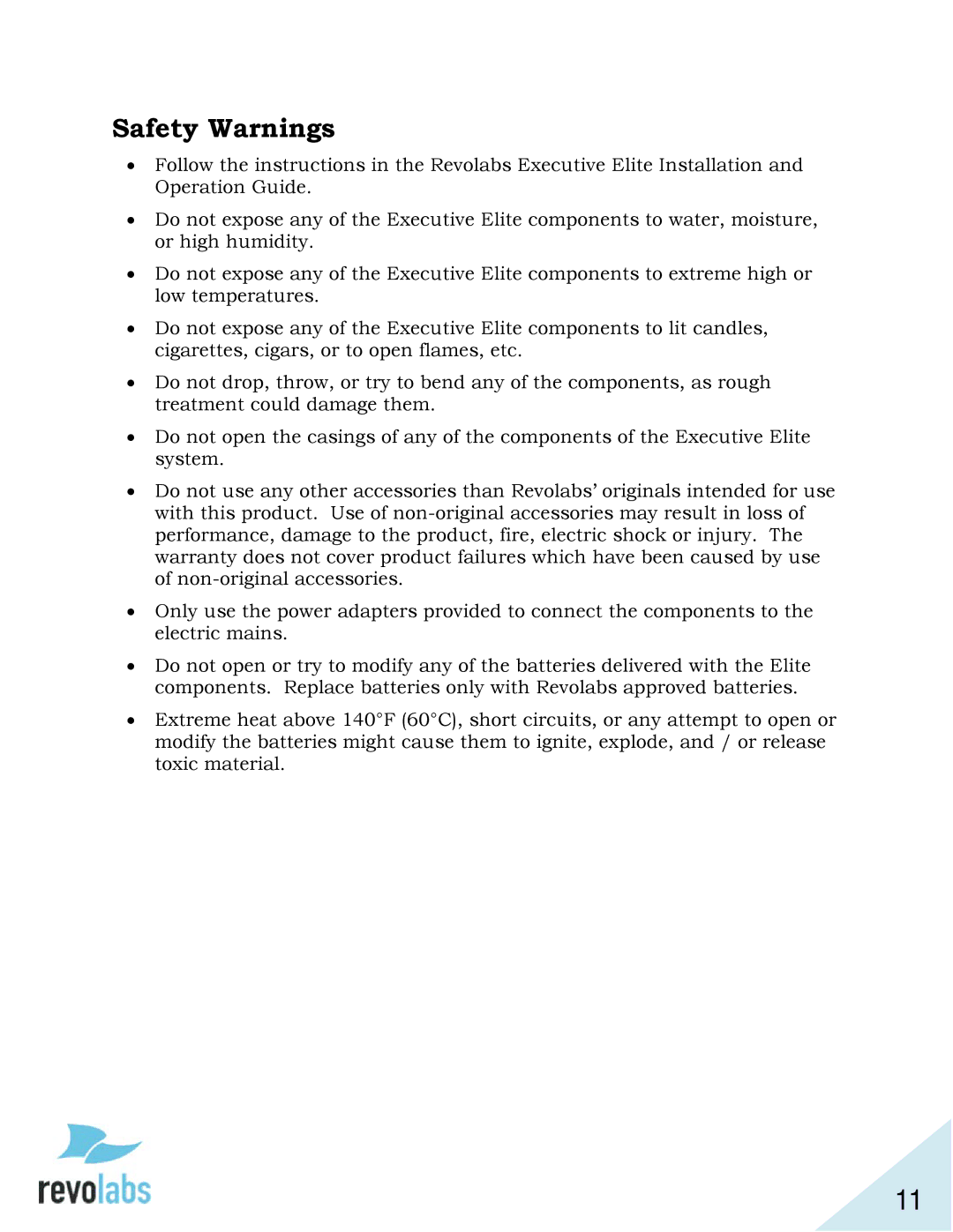 Revolabs 03-ELITEEXEC4-JP, 03-ELITEEXEC8-TW, 03-ELITEEXEC4-TW, 03-ELITEEXEC8-EU, 03-ELITEEXEC8-JP Safety Warnings 